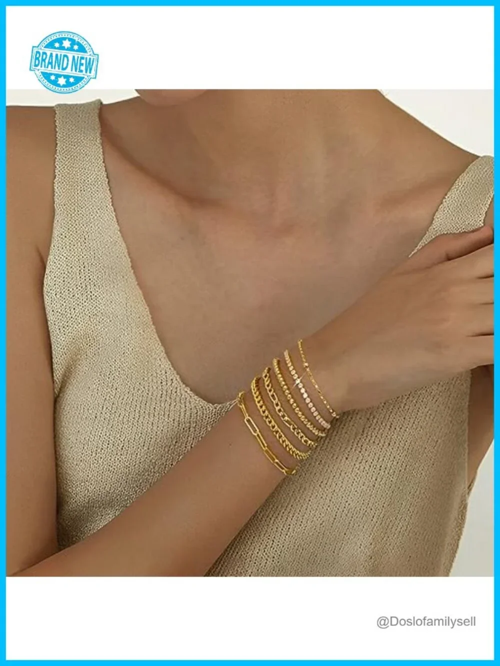 14K Gold Plated Stackable Bracelet Set Link Chain Charm Paperclip Cuban Layered
